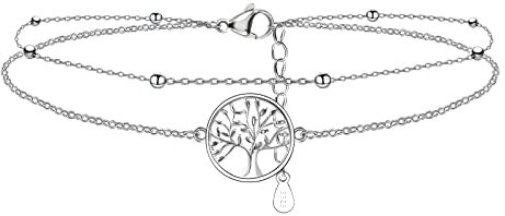 CheersLife Lebensbaum Fußkettchen Silber für Damen, Sommer Strand Schmuck Geschenk für Damen Mädchen, Verstellbare Fußkette