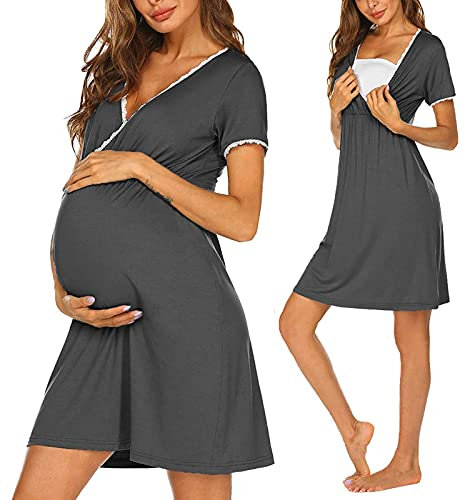 Chemise de nuit d'allaitement pour femme avec fonction d'allaitement, robe de maternité, chemise de nuit pour femmes enceintes, t-shirt enceinte, chemisier, gris, X-Large