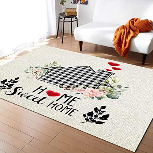 Bereich Teppich Farm Buffalo Plaid House Love Hearts Home Texte Auf Leinen Bereich Teppiche Weicher Fussmatte Antibakterielle Türmatte Für Innen Garten Küche 120X160Cm