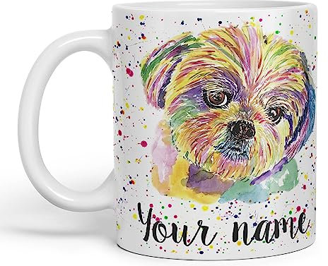 Vixar Personalised with Your Text Shih Tzu Dog Pet Animal Watercolour Art Coloured Ceramic Mug Cup Gift 330ml 11oz Custom Work Office Tea Coffee (O1) (White)