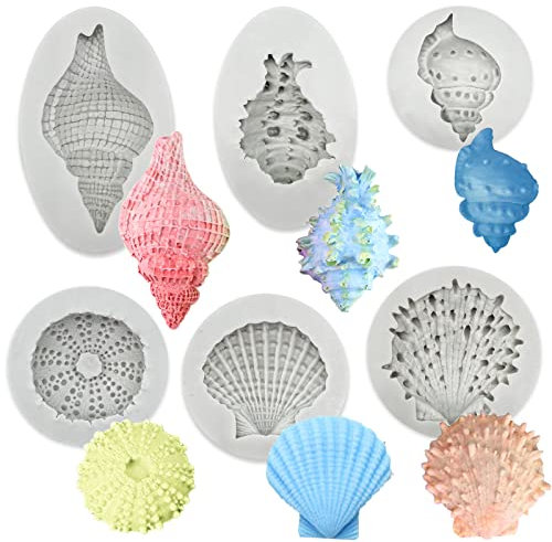 6 Stück 3D Marine Thema Silikonform Seestern Muschelschale Silikon Fondant Formen Ozean Tier Backform Set Fondantform für Marine Thema DIY handgemachte Muschel Seestern Tortendeko Style of 6