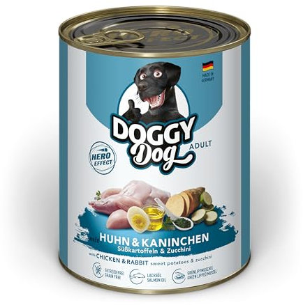 DOGGY Dog Paté Huhn & Kaninchen, 6 x 800 g, Nassfutter für Hunde, getreidefreies Hundefutter mit Lachsöl und Grünlippmuschel, Alleinfuttermittel mit Süßkartoffel und Zucchini, Made in Germany