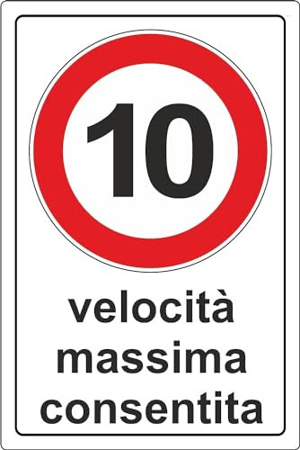 M-ITALY CARTELLO SEGNALETICO - VELOCITÀ MASSIMA CONSENTITA 10 Km orari - Adesivo Extra Resistente, Pannello in Forex, Pannello In Alluminio (30x42 cm, Plastica)