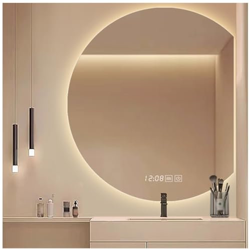 BZCKBZ Beleuchteter Runder Spiegel for Badezimmer, Wandspiegel Mit Explosionsgeschütztem, Beschlagfreiem, Dreifarbigem Licht Und Zeitabhängiger Luftfeuchtigkeit(Right Cut,80cm/31.5in)
