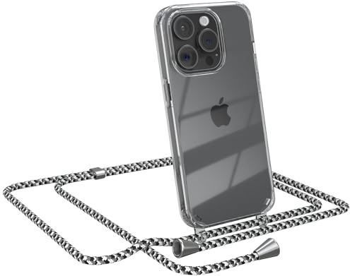 EAZY CASE Handykette kompatibel mit iPhone 15 Pro Handyhülle mit Umhängeband, Handykordel mit Schutzhülle, Silikonhülle, Hülle mit Band, Stylische Kette für Smartphones, Schwarz Camouflage