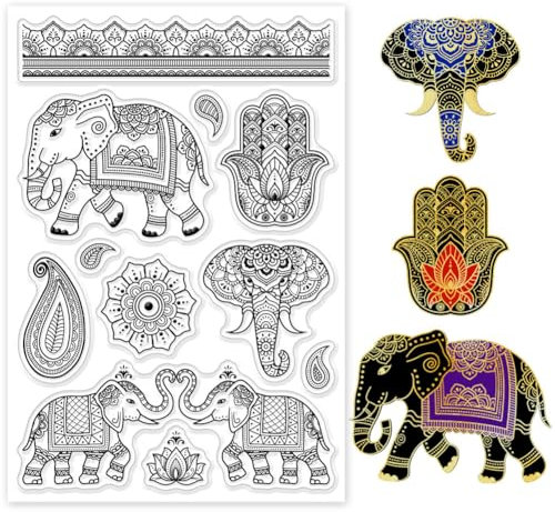 GLOBLELAND Transparente Stempel Mit Indischem Elefanten Für DIY Scrapbooking Paisley Hamsa Muster Silikon Stempelsiegel Transparenter Stempel Für Karten Fotoalbum Tagebuch 6.3x4.33 Zoll