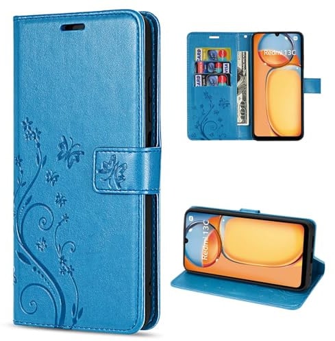 betterfon Hülle Kompatibel mit Xiaomi Redmi 13C / C65 | Premium PU Leder Handyhülle Wallet Case für Redmi 13C / C65 | Schutzhülle Blumen Klapphülle Handyhülle | Blau