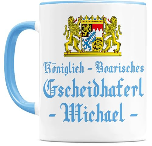 Tasse Gscheidhaferl Bayerische Tasse personalisiert mit Name Bayern Geschenk lustige Kaffeetasse aus Keramik Hellblau 330 ml