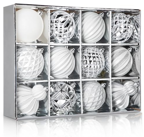 Hollyone 10CM 16CM Large Christmas Baubles, 12PCS White and Silver Baubles for Xmas Tree Decorations, Giant Christmas Balls Xmas Hanging Ornaments for Wedding Party Table Tree Decor