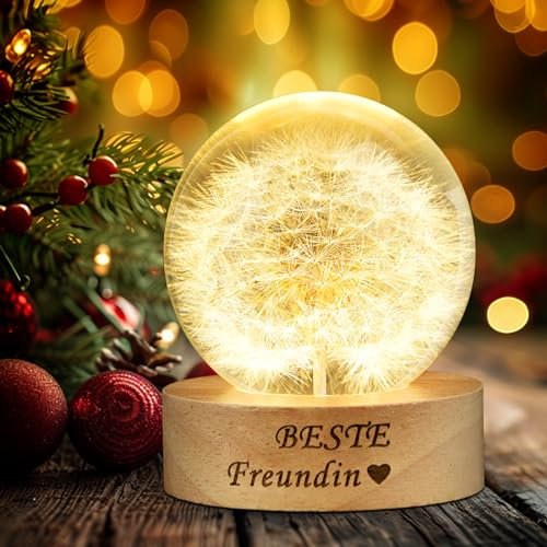 Geschenke für Freundin Kristallkugel Nachtlicht 6 cm Glaskugel Deko,Pusteblume im Glas personalisierte Geschenke für Freundin,Glaskugel-Nachtlicht mit Holzsockel Geburtstagsgeschenk für Freundin.