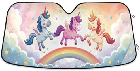 Parasol para parabrisas de coche, diseño de unicornios lindos con acordeón arcoíris, plegable, bloquea los rayos UV, reflector solar, mantiene tu vehículo fresco, 53 x 23.5 pulgadas