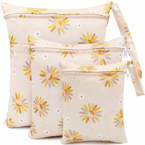 FenFang Sac Couches Lavables, Sac à Couche, 3 Pcs Réutilisable Wetbag, Sachet Etanche Organisateur de Couche Accrochable, Sac Fourre Tout pour Bébé, Sac à Langer de Voyage Plage Piscine (Fleur Jaune)