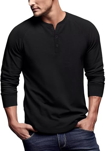Mens Henley Long Sleeve Top(Black,M)