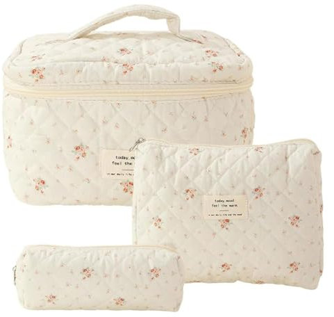 3 Stück Reise Kosmetiktasche, Gesteppte Kulturtasche Damen mit Blumenmuster Kosmetiktasche Damen Make up Tasche Cosmetic Bag Waschtasche Tragbare für Reisen Urlaub (B)