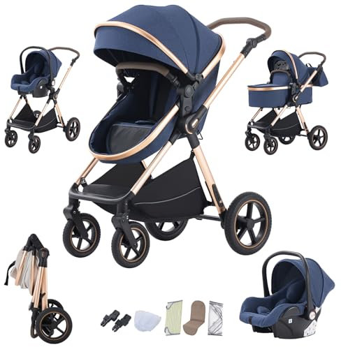 Shineey kinderwagen 3 in 1 Buggy Babybett Komplett Set Einem Klick Zusammenklappbarer Kinderwagen, 3 in 1 KombiKinderwagen Aluminiumrahmen für Neugeborene (D2-BLUE, H2-D)