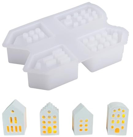 wocpvm Gießformen Silikon Häuser 4 Pcs Silikonformen Häuser Silikonform Weihnachten DIY Gießform Häuser für Kerzenherstellung, Handgefertigte Seife, DIY Handwerk