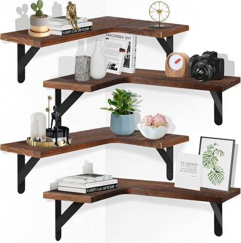 Tczecoo 4 Stück Schweberegal für Ecken, L-förmiges Eckregal, Eck-Wandregal Wandregal Holz, Rustikale Holzeck-Wandregale für Küche Wohnzimmer Schlafzimmer Badezimmer Wanddeko, Dunkelbraun