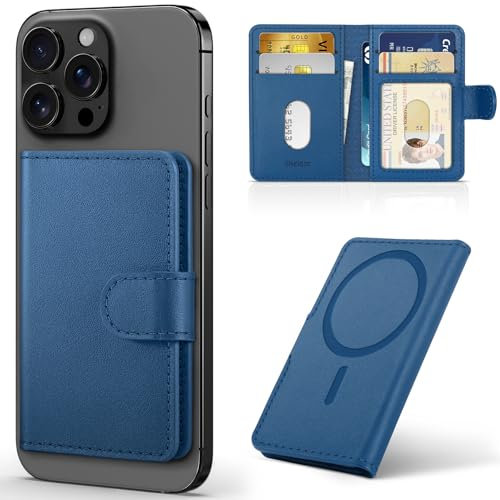 SHIELDON Portacarte in Vera Pelle, Porta-Carte Adesivi, Portafoglio Magnetico Rimovibile Leather Phone Wallet per iPhone 16 Pro Max/iPhone 15 Pro Max/iPhone 15/iPhone 14/13/12 – Nappa Blu Reale