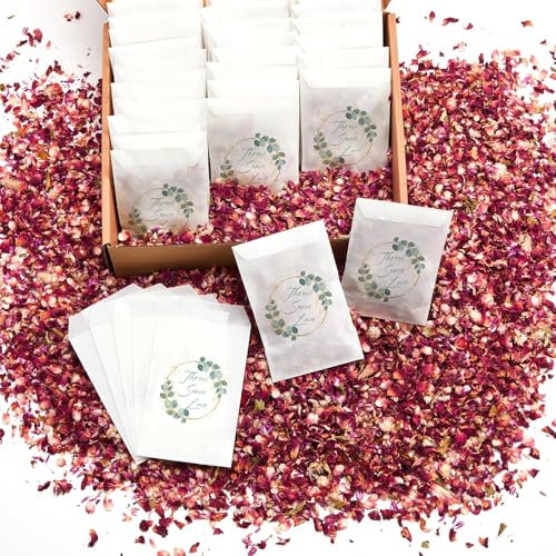 Tenare 50 Sets Wedding Confetti Bags Kit for 45-50 Guests Includes 180g Natural Dried Flower Dried Rose Petals Glassine Envelopes Paper Confetti Bags with Pattern for Wedding Anniversary