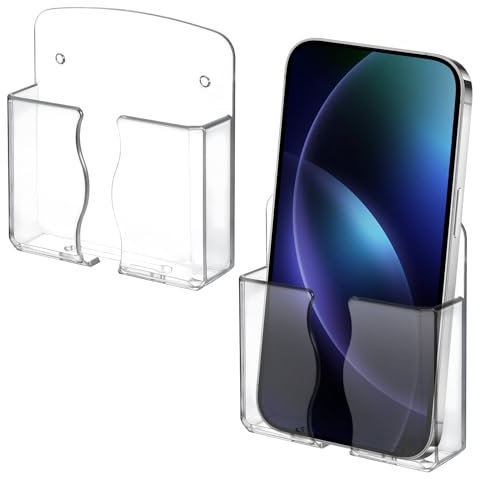 2PCS Wall Phone Holder Clear Phone Shelf Self Adhesive with Charging Hole, Compatible with Phone and Android Smartphone, Cell Phone Cradle Bedside Organizer Remote Control Stand for Home Office