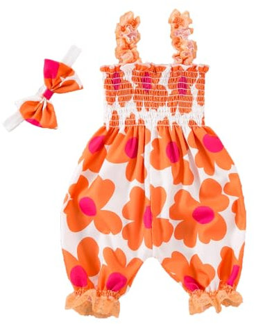 UUAISSO Set di Vestiti per Bambine Bloomers Graziosi Bretelle Pizzo Stampa Floreale Tuta Salopette set di Fasce per Capelli Rose arancioni grandi floreali 12-18 mesi