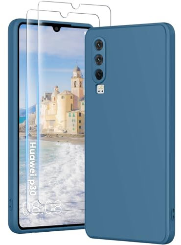 PuyaTeya 3 in 1 Hülle für Huawei p30, mit 2 Stück 9H Panzerglas Premium Liquid Silikon Hülle, mit 4-Layer stoßfeste abriebfestes, Soft Mikrofaserfutter Kratzfes Schutzhülle (bei Nacht Blue)