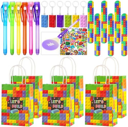 Dncvb 74 Pcs Bausteine Geburtstag Mitgebsel, Bausteine Party Mitgebsel mit Geheimstift Bausteine Schlüsselanhänger Schnapparmband Geschenktüte Aufkleber Geschenk für Kindergeburtstag, Schulanfang