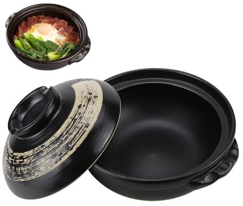 ZJIVQO Ceramic Hot Pot, 900 ml Nonstick Clay Cooking Pot, Ceramic Stew Pot with Lid, Round Earthenware Clay Pot, for Soups, Stews, Rice, and Bibimbap - Black
