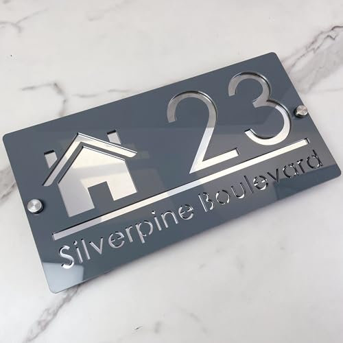 Plaque d'adresse personnalisée - Numéro de maison 3D en acrylique - Découpe au laser - Design moderne avec effet flottant - Plaque extérieure pour maison, hôtel et appartement - Gris argenté