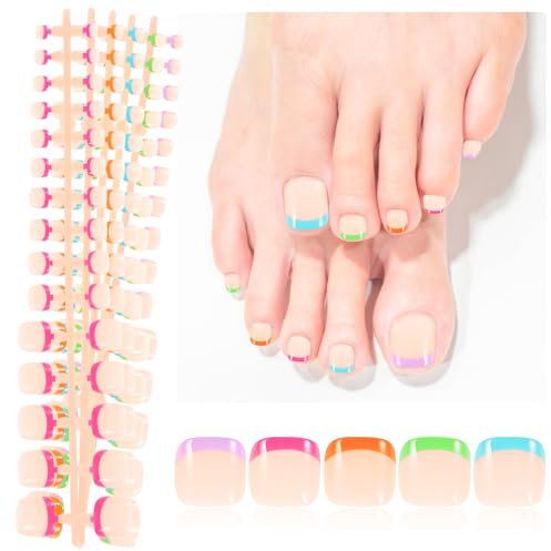 JSRQT 150 Pièces Faux Ongles French pour Pieds, 5 Couleurs Conseils pour Ongles Français Artificiels Capsules avec Poignées, 3 en 1 X-Coat Ongles en Gel Pieds pour Femmes Filles, Salon de Nail DIY