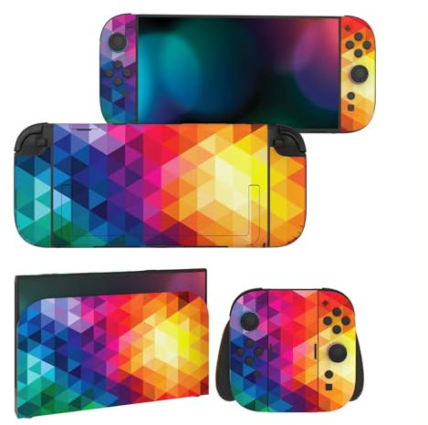 playvital Komplettschutz Folien-Set für Nintendo Switch 2 Konsole & Joy Con, Individuell gestaltete Vinyl-Aufkleber Zubehör für Nintendo Switch 2, Dock und Handgriffe – Colorful Triangle