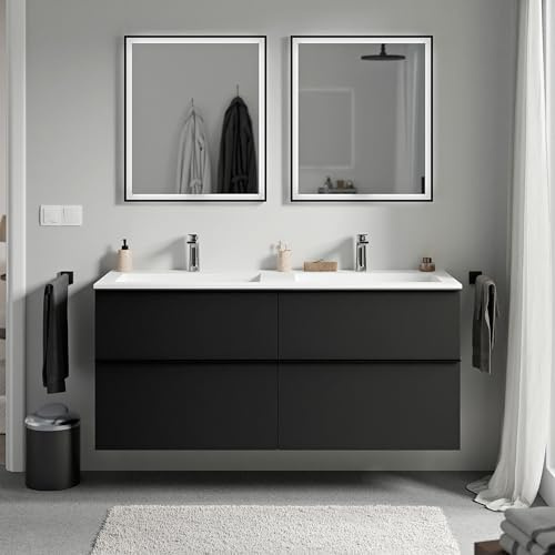 BERNSTEIN - Waschtisch zum Aufhängen, für Badezimmer, MDF, schwarz, matt, Mineralguss, Weiß matt + Hahnloch, Griff aus Metall, Anthrazit, matt – 120 x 46 x 62 cm – LAVOA