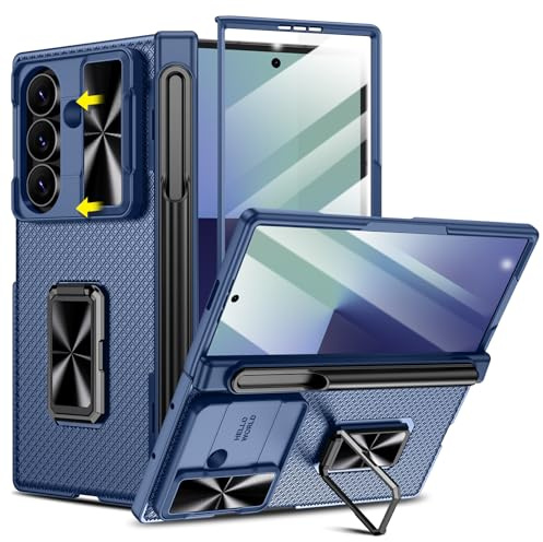 Doeshine für Samsung Galaxy Z Fold 7 Hülle mit Displayschutzfolie & Ring Ständer, Militär Schutzhülle mit Kameraschutz & S-Pen Slot (No S-Pen), Robuste Handyhülle mit Scharnierschutz (Blau)