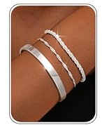 ADRAMATA 3Pcs 925 Sterling Silver Bracelets for Women Silver Bangles | Adjustable Stackable Bracelets Set,Layered Chain Bracelet,Bangles for Womens Ladies with Gift Box