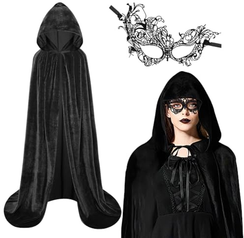 AUYAO Cape à Capuchon Adulte Costume Halloween en Velours, Longue Noir Cape Unisexe, Halloween Cape Sorcière Cape Vampire, Halloween Costume pour Carnaval, Bal Masqué (Noir,170cm)