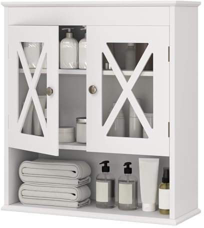 COSTWAY Armoire de Salle de Bain Murale, Armoire à Pharmacie avec 2 Portes en Acrylique, Étagère Ajustable et Compartiment Ouvert, 20 x 54 x 60 cm, Blanc