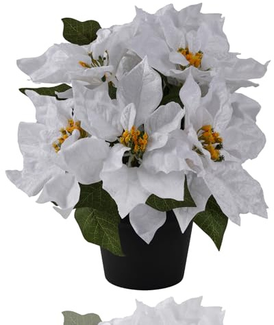 MELAJIA Fiori di stella di Natale artificiali, 38 cm, bianco, finta pianta di Natale con 9 teste fiori invernali per portico anteriore, giardino, cortile, patio, decorazione