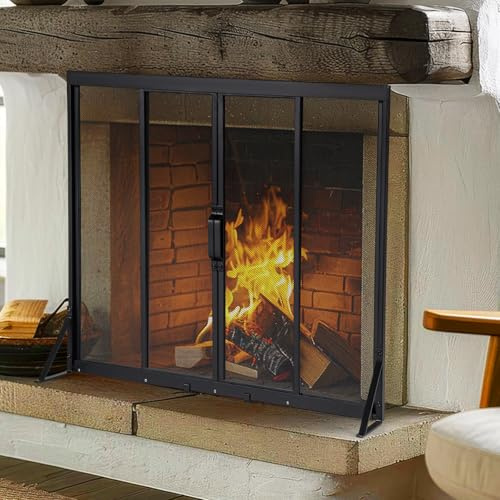 COSTWAY Funkenschutzgitter mit Schiebetüren, 96 x 79cm, Kaminschutzgitter Metall, Kaminfunkenschutz freistehend, Kamin Funkenschutz Kamingitter schwarz