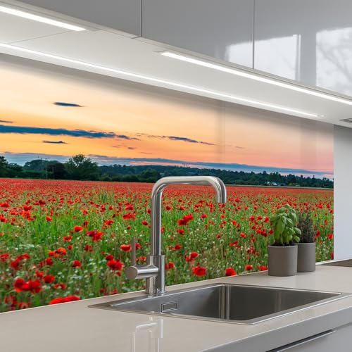 KitchenYeah© Splashback for kitchen 24x39 / 60x100 cm self-adhesive Wall Protector Decor Panels Cooker Backsplash Poppies - Landscape - Red - Flowers