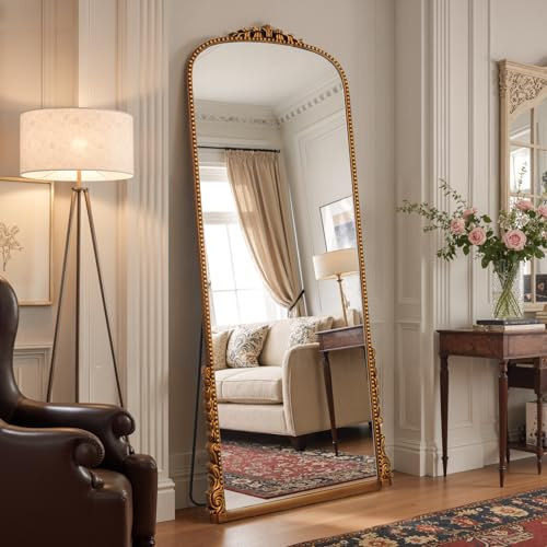 Reflix Vintage-Standspiegel, 175 x 70 cm, goldfarben, großer Ganzkörperspiegel mit kunstvollen Schnitzereien, dekorativer Spiegel für Wohnzimmer, Schlafzimmer und Flur