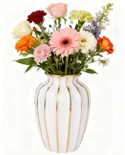 White Ceramic Vase with Gold Trim, Modern Decorative Flower Vases, 5.5 x 5.5 x 8.5 inElegant Vertical Stripe Centerpiece Vase, Living Room Office Bedroom Decoration