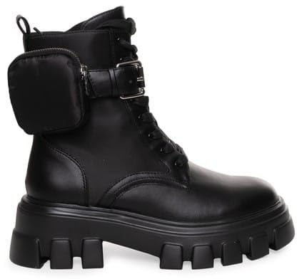 TWINSET Anfibio Donna in Pelle, Stivali Neri Impermeabili con Tacco a Blocco, Chiusura con Lacci e cerniera laterale, Punta Bombata, Casual, Altezza Polpaccio, Colore Nero, Taglia 38