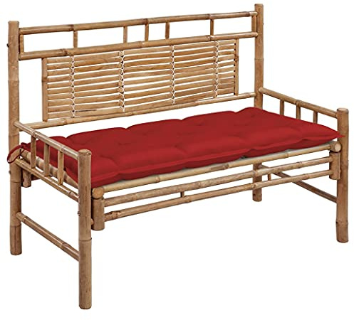 Teenpull Bambus Gartenbank mit Auflage 120 cm, Wetterfest, Robuste Sitzbank für Terrasse, Veranda, Balkon, Inklusive Roter Wasserdichter Polyester-Sitzauflage, 120x55x90 cm