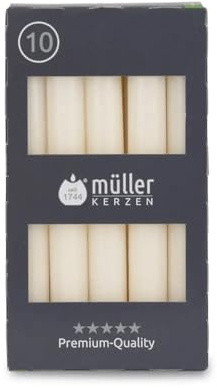 Müller Kerzen - Stabkerzen Elfenbein - 10er Set Tafelkerzen - 6 Stunden Brenndauer - 20 × 175 mm - Tropfarm, Raucharm, Duftfrei - Leuchterkerzen für Kerzenhalter & Tischdekoration - RAL-zertifiziert