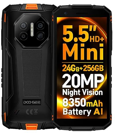 Mini Smartphone Rugged Fire 3 Ultra, 24GB+256GB, 20MP Visione Notturna Telecamera, 5,5 HD+, Corpo Compatto+Facile da Impugnare, 8350mAh Batteria, AI Gemini,Cellulare Antiurto, NFC Arancione