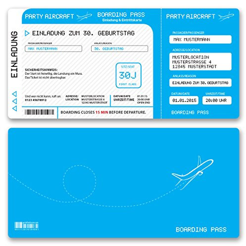 (40 x) Einladungskarten Geburtstag Flugticket Ticket Karte Einladungen in Hellblau
