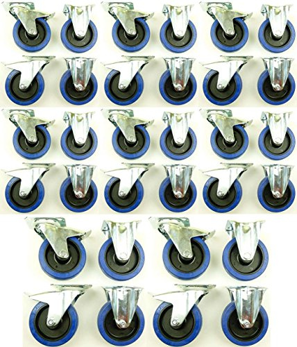 8 Satz 125mm Blue Wheels Lenkrollen mit Bremse/Feststellbremse + Bockrollen, Transportrollen Blau, 200kg / Rad - INDUSTRIEQALITÄT (16x Brems + 16x Bock)