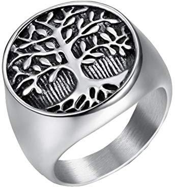 OAKKY Unique Bague Arbre Vie Chevalière Argent Noir Ton Bande Homme Acier Inoxydable, Taille 65