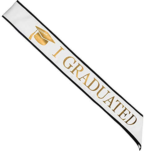 GraduationMall Schärpe Abschluss Stola mit goldenem Glitzer-Schriftzug I Graduated für Abschlussfeier Weiß