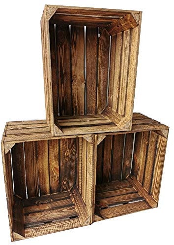 Lot de 3 caisses à fruits/caisses à vin en bois massif et stable - Blanc flammé - Décoration idéale pour l'intérieur et l'extérieur (lot de 3)